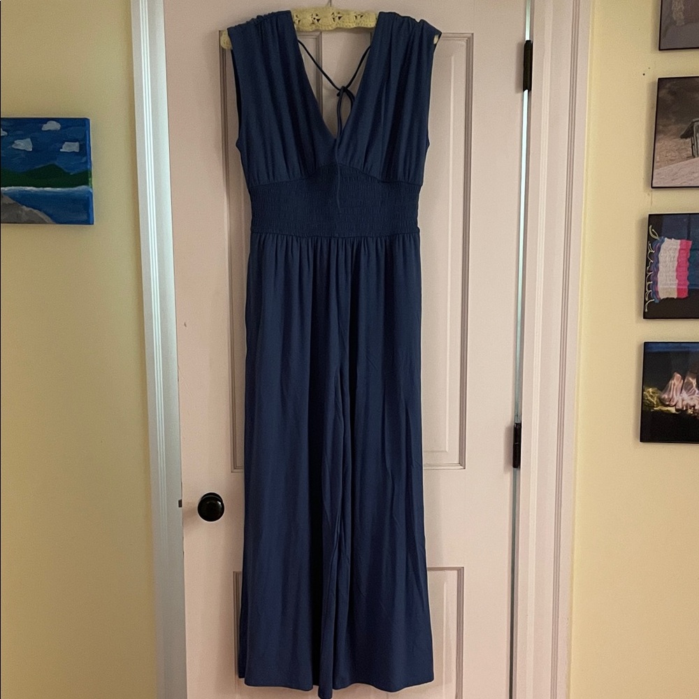 Jersey Knit Smocked Blue Sleeveless Jumpsuit